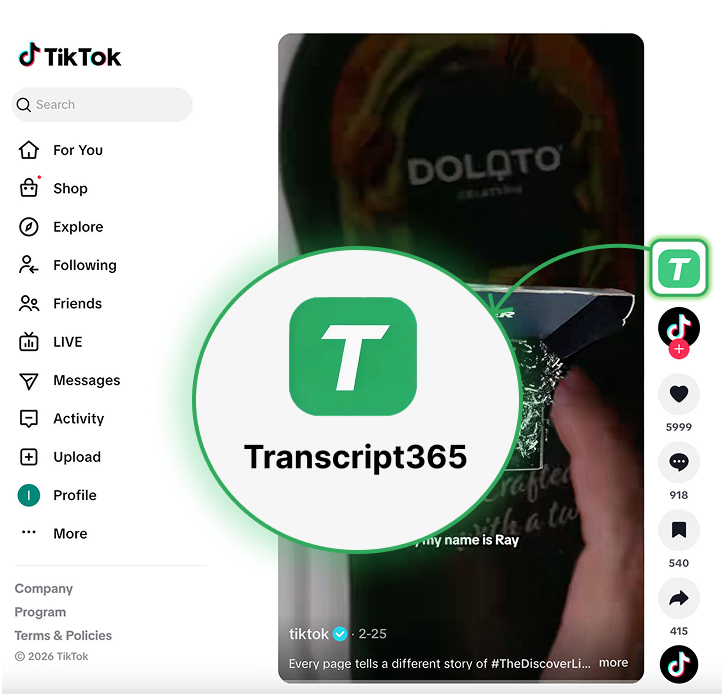 TikTok Extension in action - One-click transcription